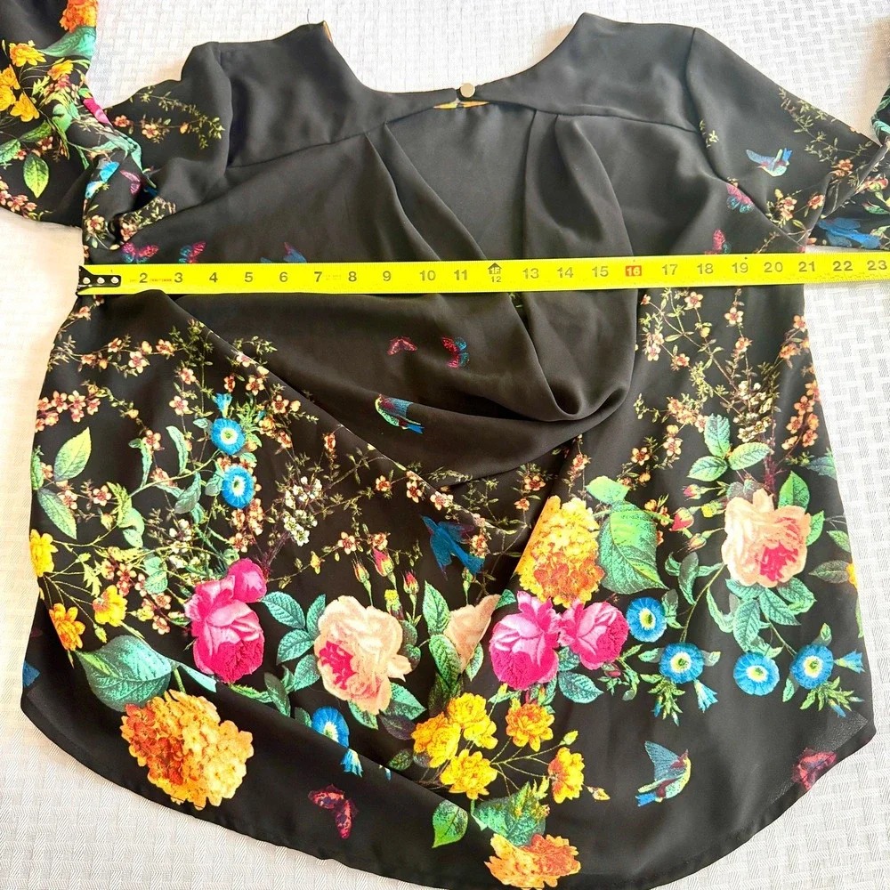 Meraki Floral Butterfly Birds Draped Open Back Blouse Black Large Cottage Whimsy